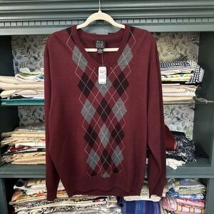 Jos A Bank Sweater Mens XL Maroon 100% Merino Wool Argyle Pullover Stretch NWT